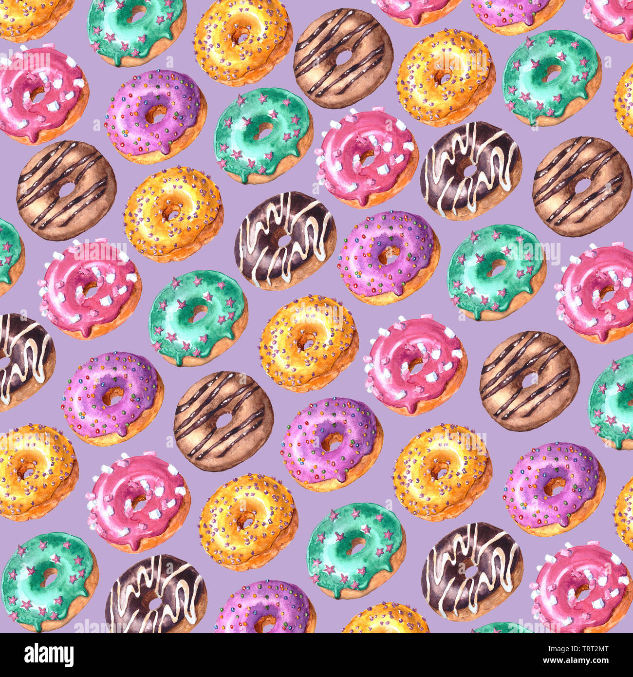 Watercolor hand drawn sketch illustration of colorful glazed donuts ...