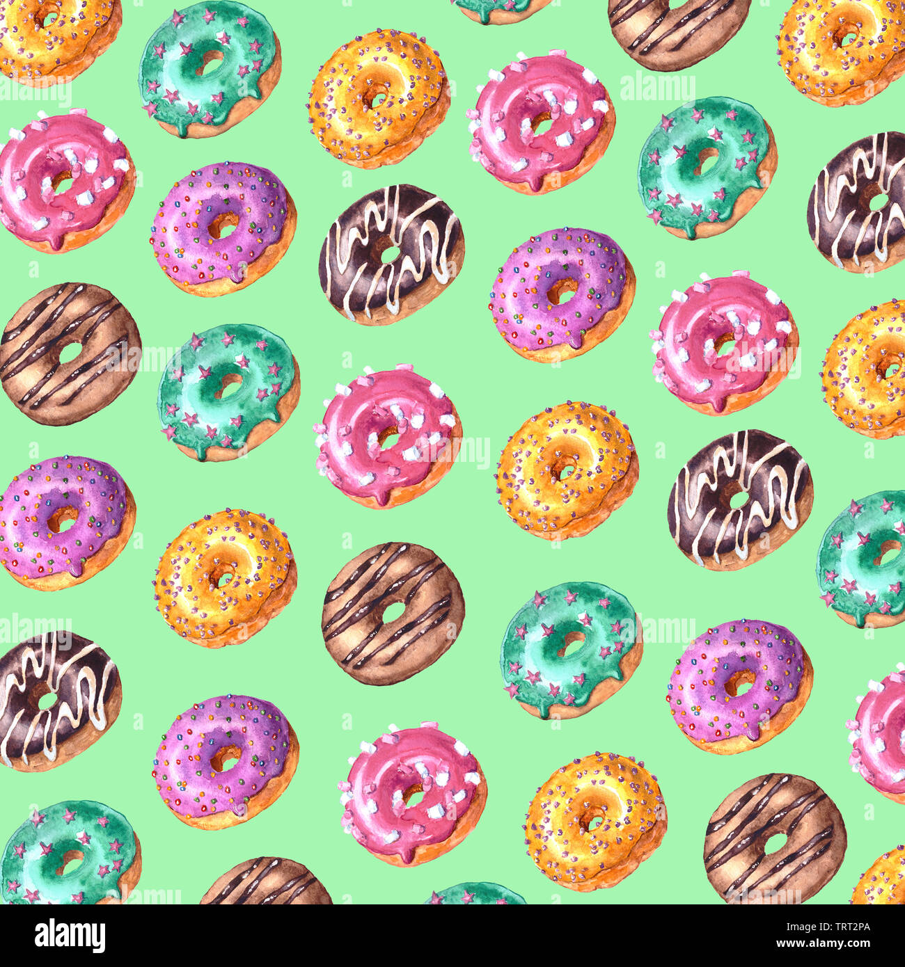Watercolor hand drawn sketch illustration of colorful glazed donuts ...