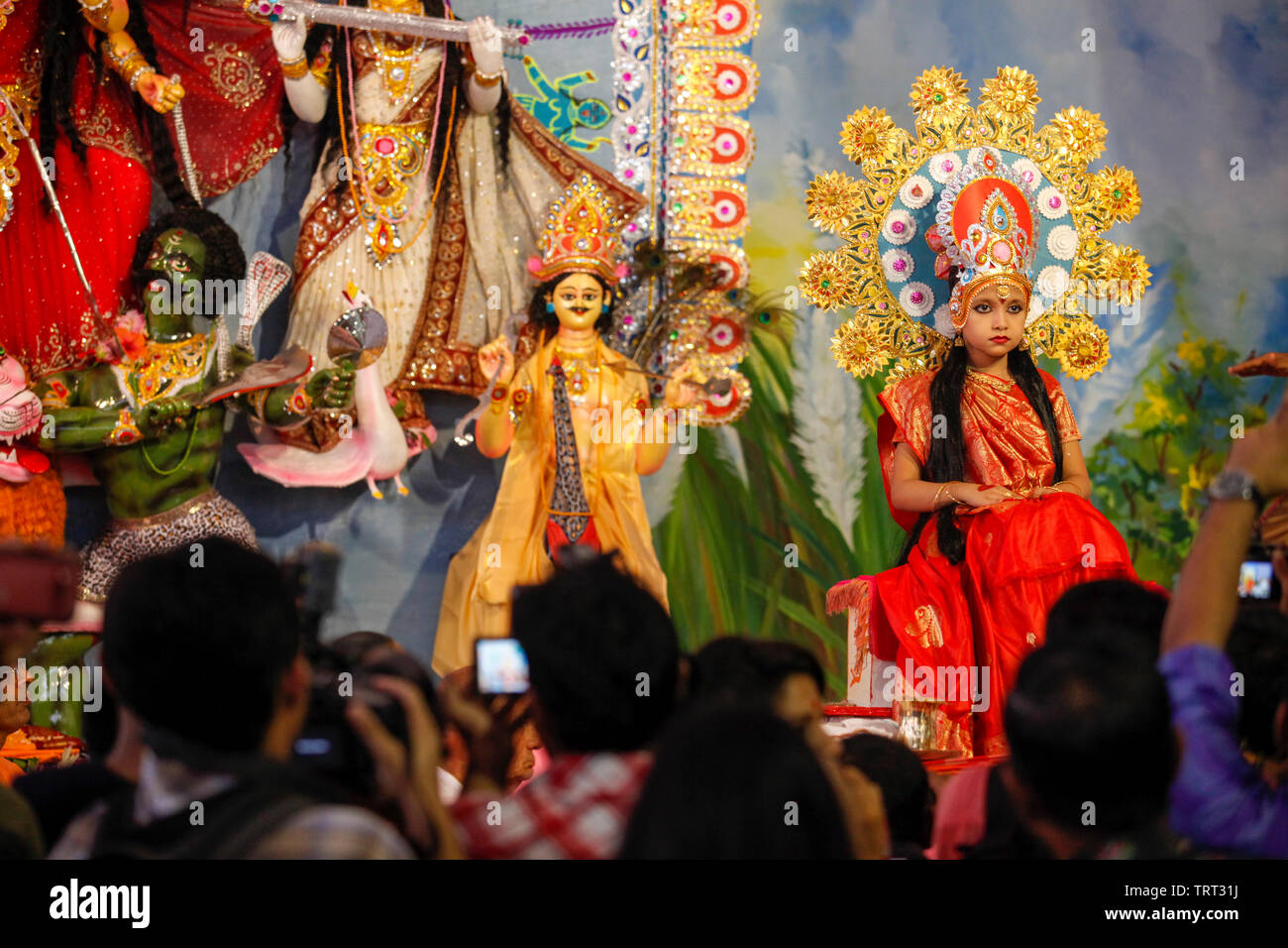 Kumari Puja a part of Durga Puja, during which a teenage girl is worshipped symbolically as a goddess. Kumari puja is held at the end of Mahastami puj Stock Photo