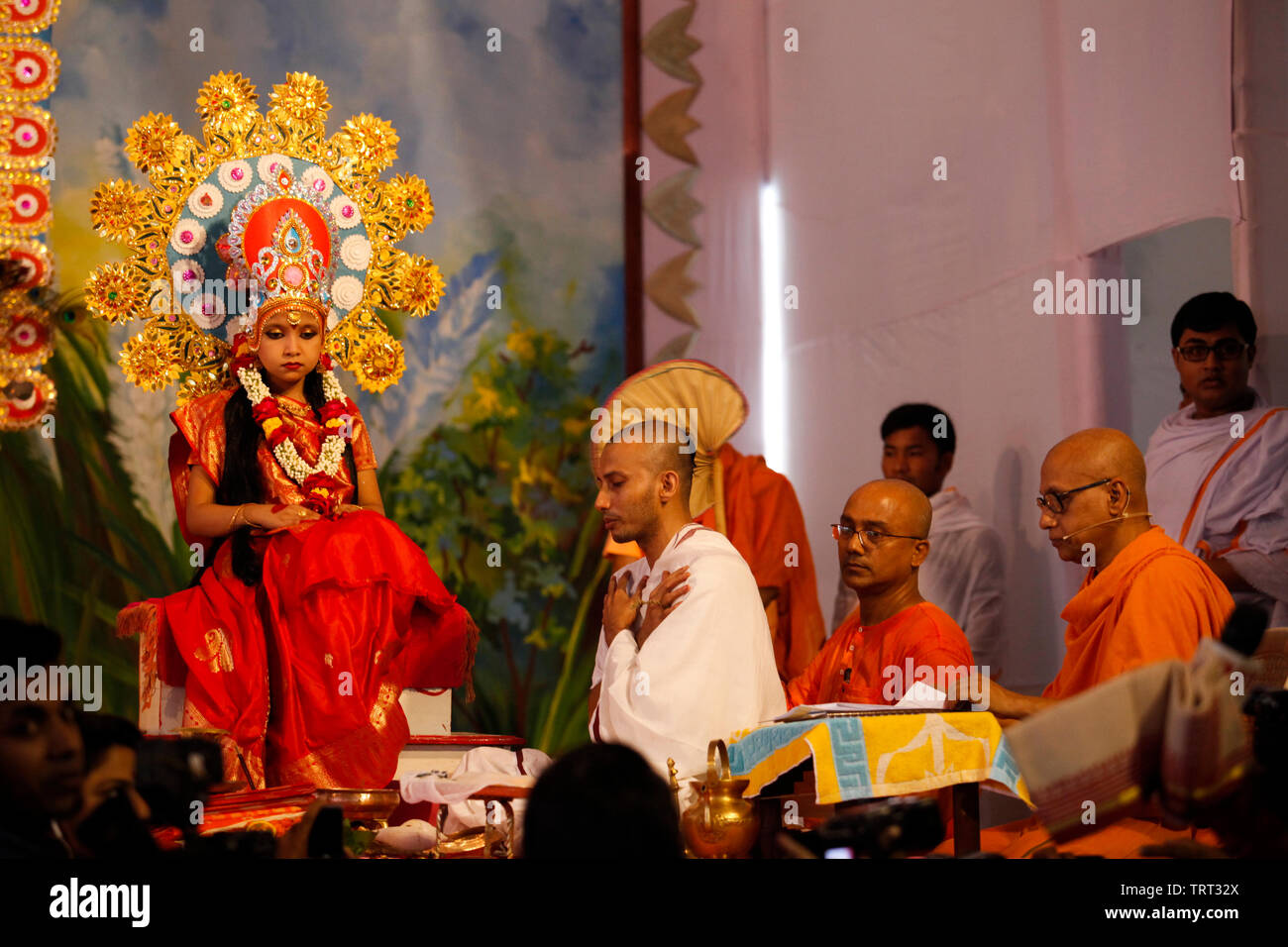 Kumari Puja a part of Durga Puja, during which a teenage girl is worshipped symbolically as a goddess. Kumari puja is held at the end of Mahastami puj Stock Photo
