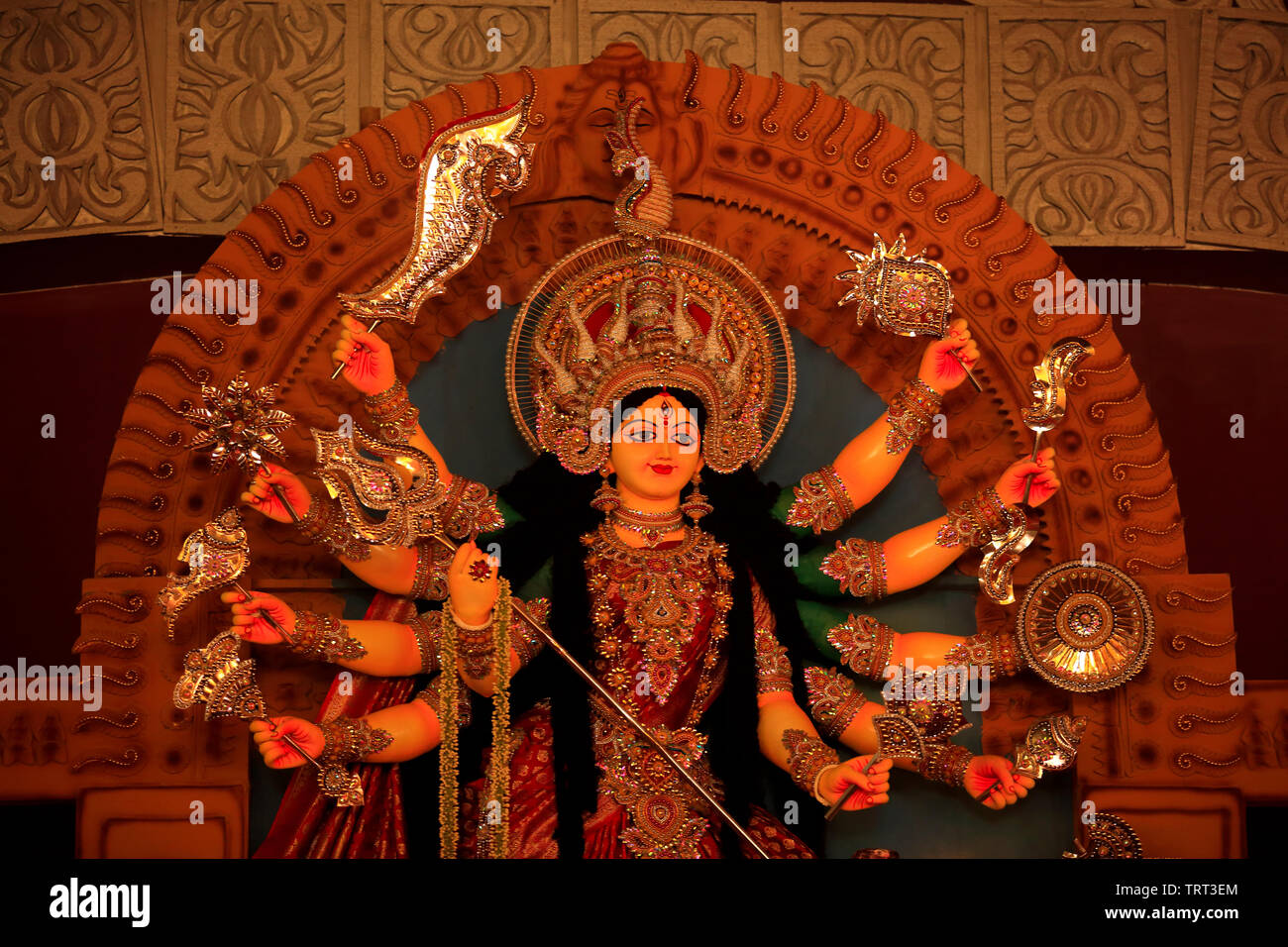 Goddess Durga, a modern display at Banani Puja Mandap, during the Hindu festival of Durga Puja, Dhaka, Bangladesh. Stock Photo
