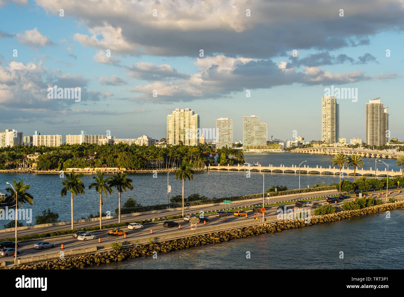 Miami, FL, United States - April 20, 2019:  View of MacArthur Causeway and Star Island at Biscayne Bay in Miami, Florida, United States of America. Stock Photo