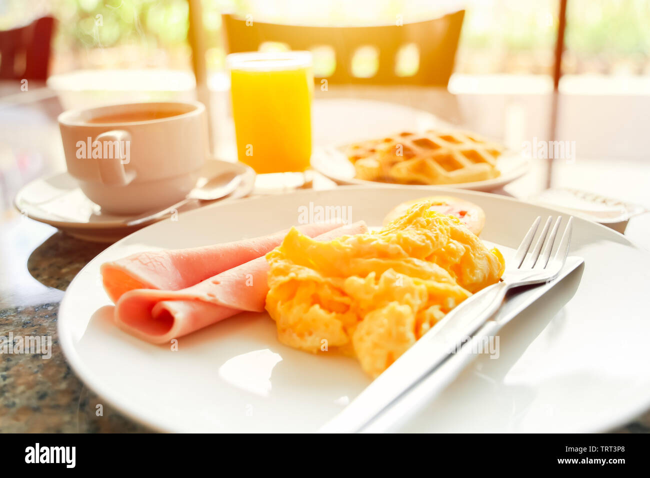 Scrambled Eggs Morning Meal Set Recipe at Hotel service menu Stock