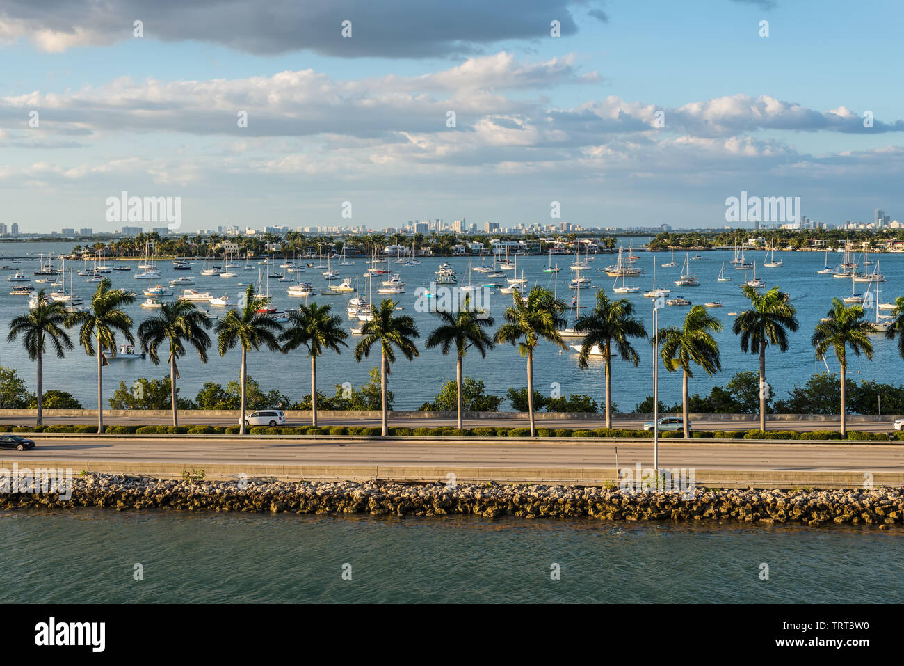 Miami, FL, United States - April 20, 2019: View of MacArthur Causeway and Venetian Islands at Biscayne Bay in Miami, Florida, United States of Americ Stock Photo