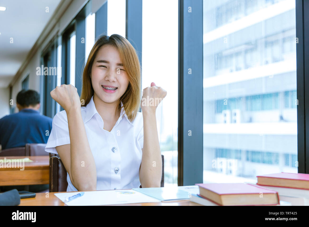 University Teen glad happy smile after good news pass exams Stock Photo