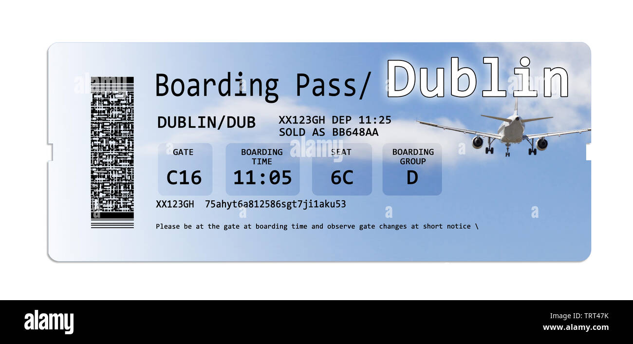 Airline boarding pass tickets to Dublin isolated on white - The contents of the image are totally invented Note for the Ispector: The contents of the Stock Photo