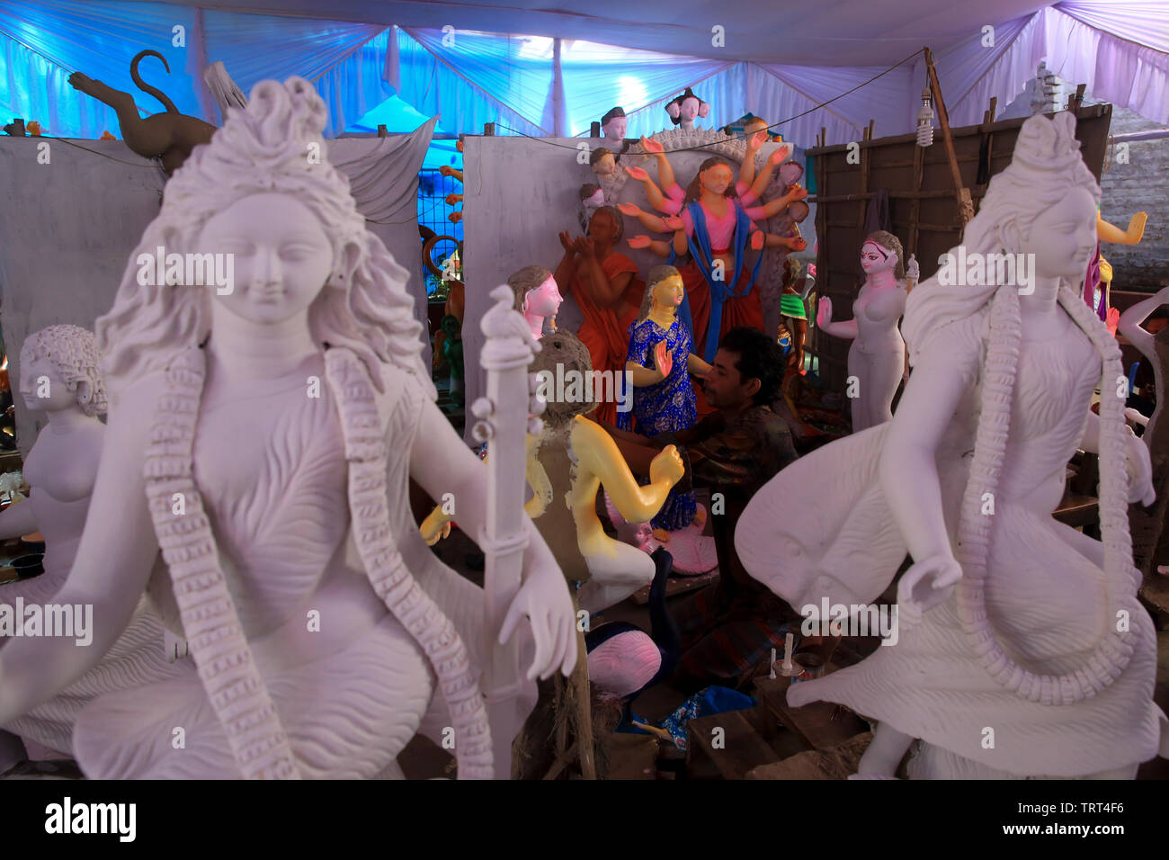 Making clay idol of the Hindu Goddess Durga in Old Dhaka, Bangladesh. Stock Photo