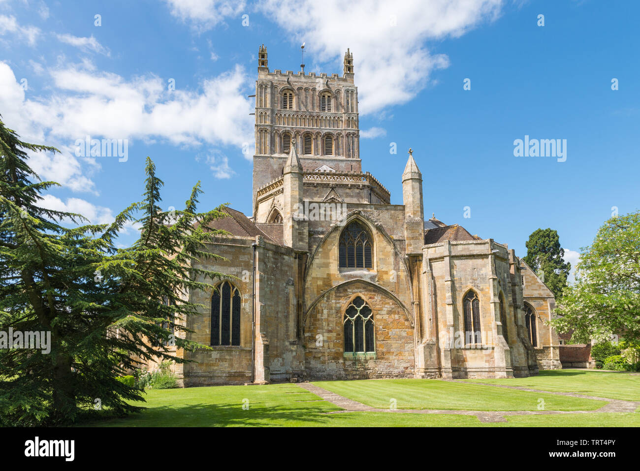 Tewkesbury Abbey, Gloucestershire which has a Norman edifice and romanesque tower Stock Photo