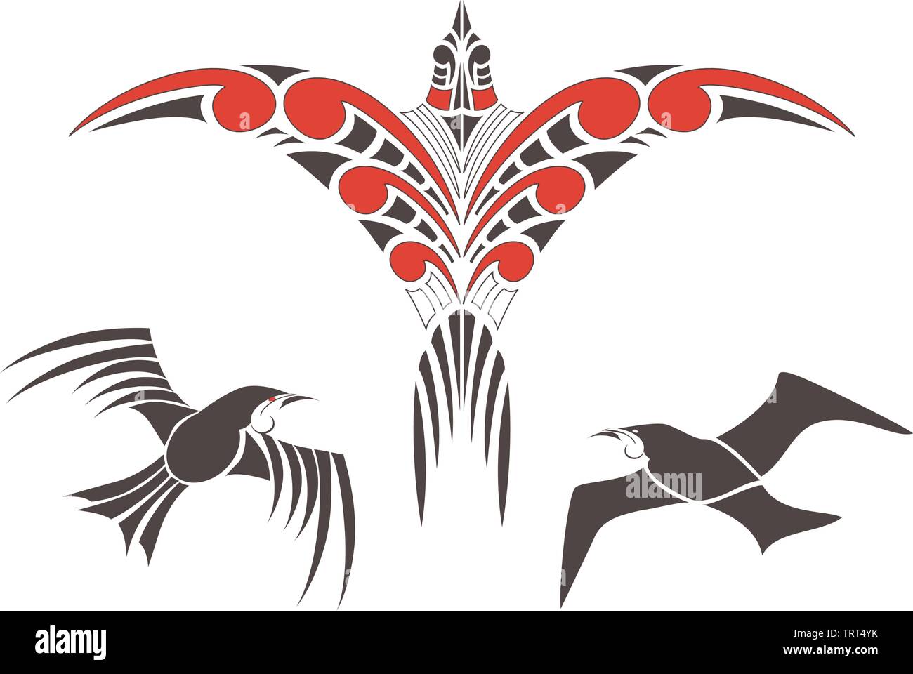 Collection of Maori Koru Bird Designs with color - each bird grouped Stock Vector