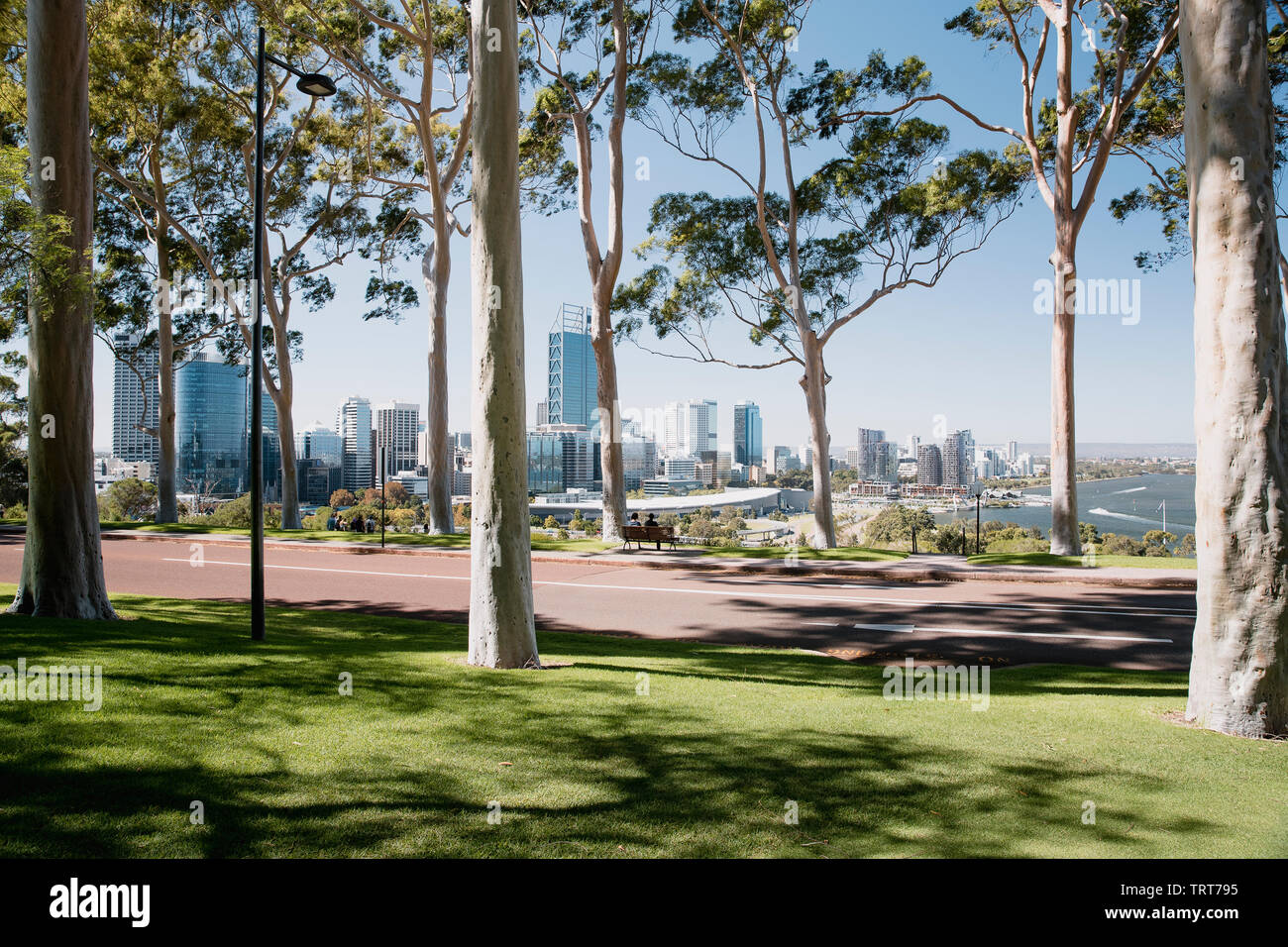 Unrecognizable people sitting on a bench in Kings Park, Peth, enjoying the view of the cities skyline on a sunny day. Stock Photo