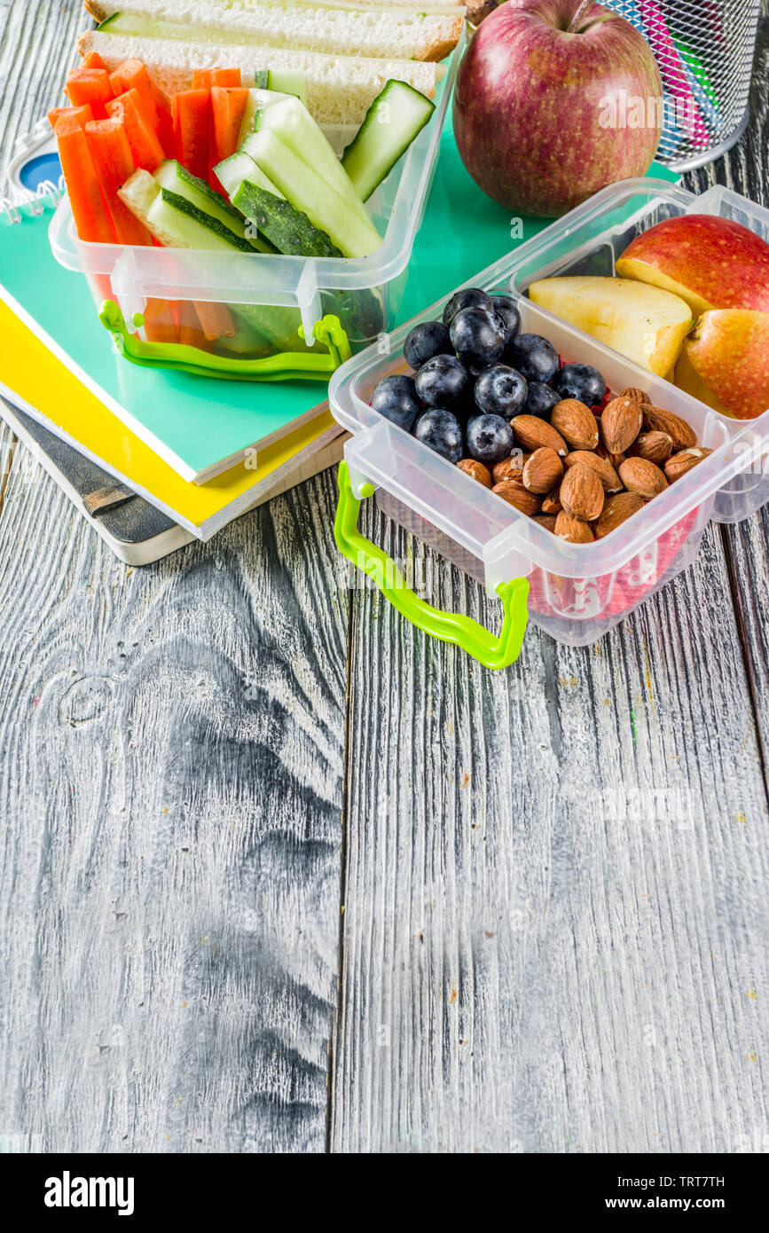 Healthy school lunch box. Kid's lunch box with sandwiches, fruit