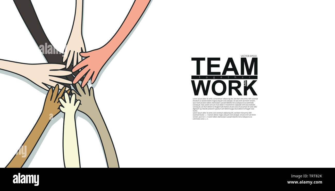 unity and teamwork concept. young multi nationality people putting their hands stack together. vector illustration, flat design Stock Vector