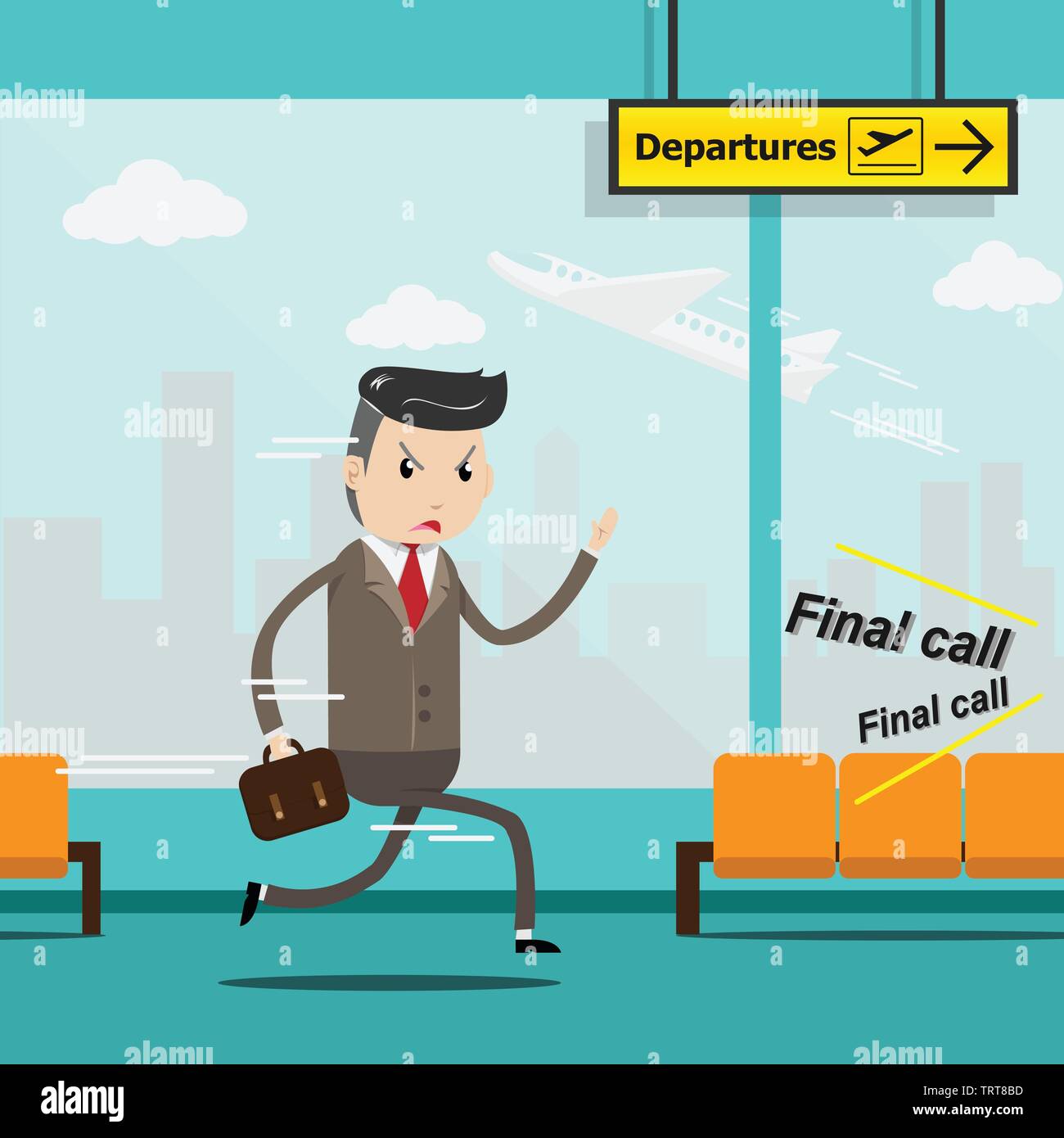 Businessman with luggage run in a hurry at airport terminal, Business trip. Airplane departure from window glass view and departure sign as background Stock Vector