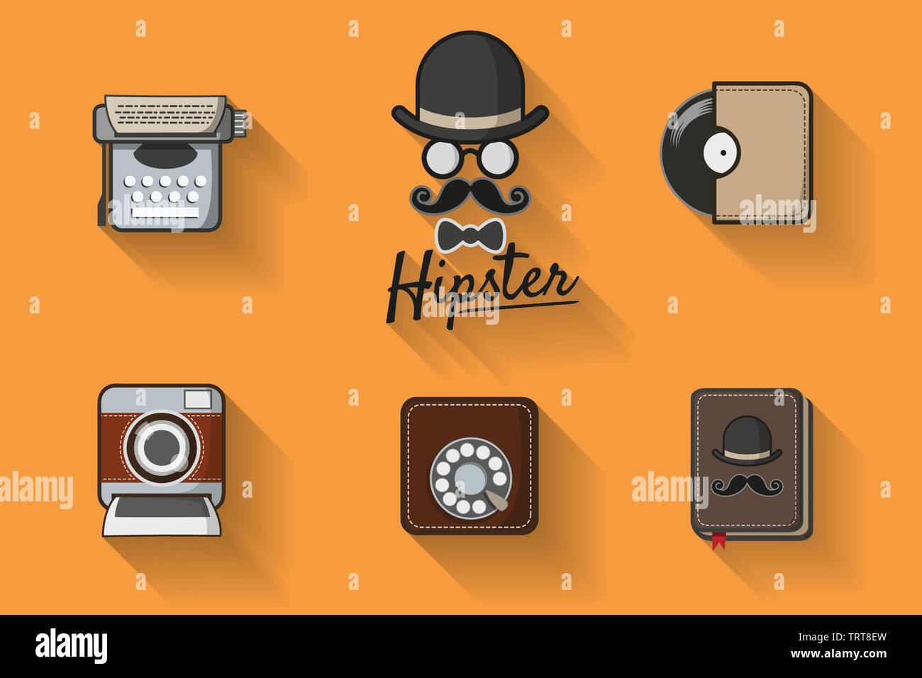 Hipster with mustache. Hipster icon vector theme set with vintage analog dial phone, record,  instant camera and typewriter. Vintage style for hipster Stock Vector