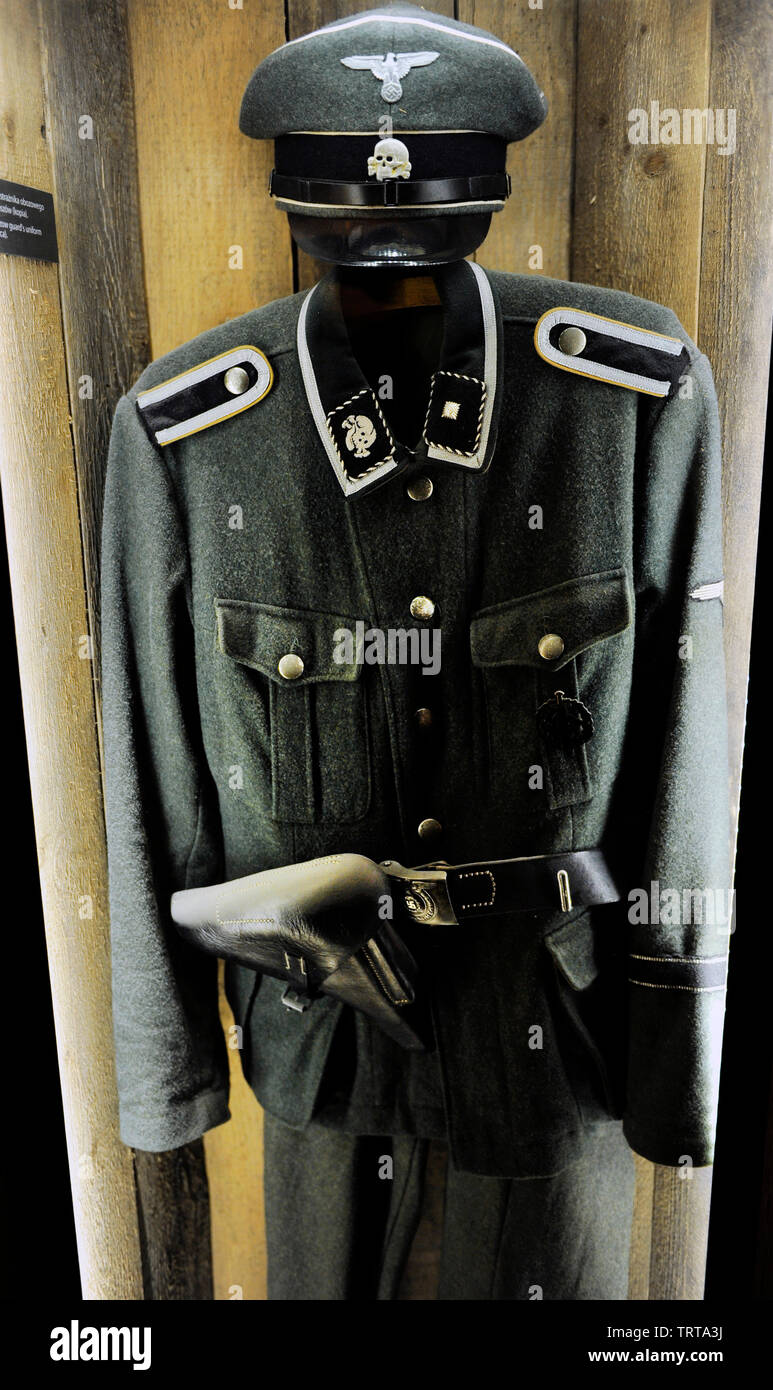 Uniform of a Krakow-Plaszow concentration camp guard. It was built by the SS in Plaszow, southern suburb of Krakow, after the German invasion of Poland. Museum of Oskar Schindler's Factory. Krakow. Poland. Stock Photo