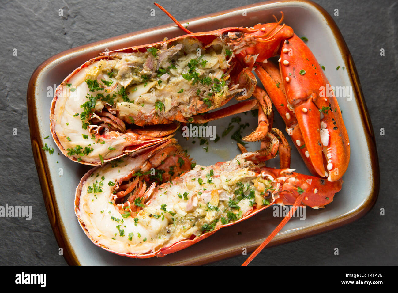 Two halves of a grilled lobster and claws from a lobster, Homarus gammarus, caught in a lobster pot in the English Channel. It has been first boiled, Stock Photo