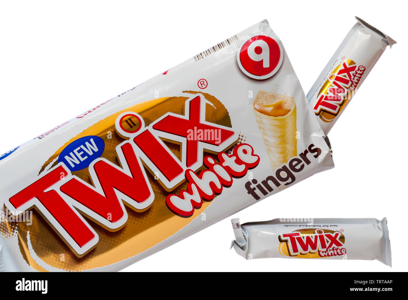 Packet of new Twix White Fingers set on white background - white chocolate covered caramel and biscuit - individually wrapped Stock Photo
