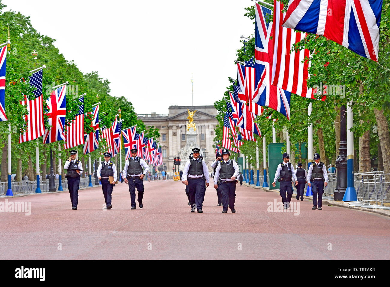 London, England, UK. Metropolitan Police officers on duty around The Mall during Donald Trump's State Visit, 3rd June 2019 Stock Photo
