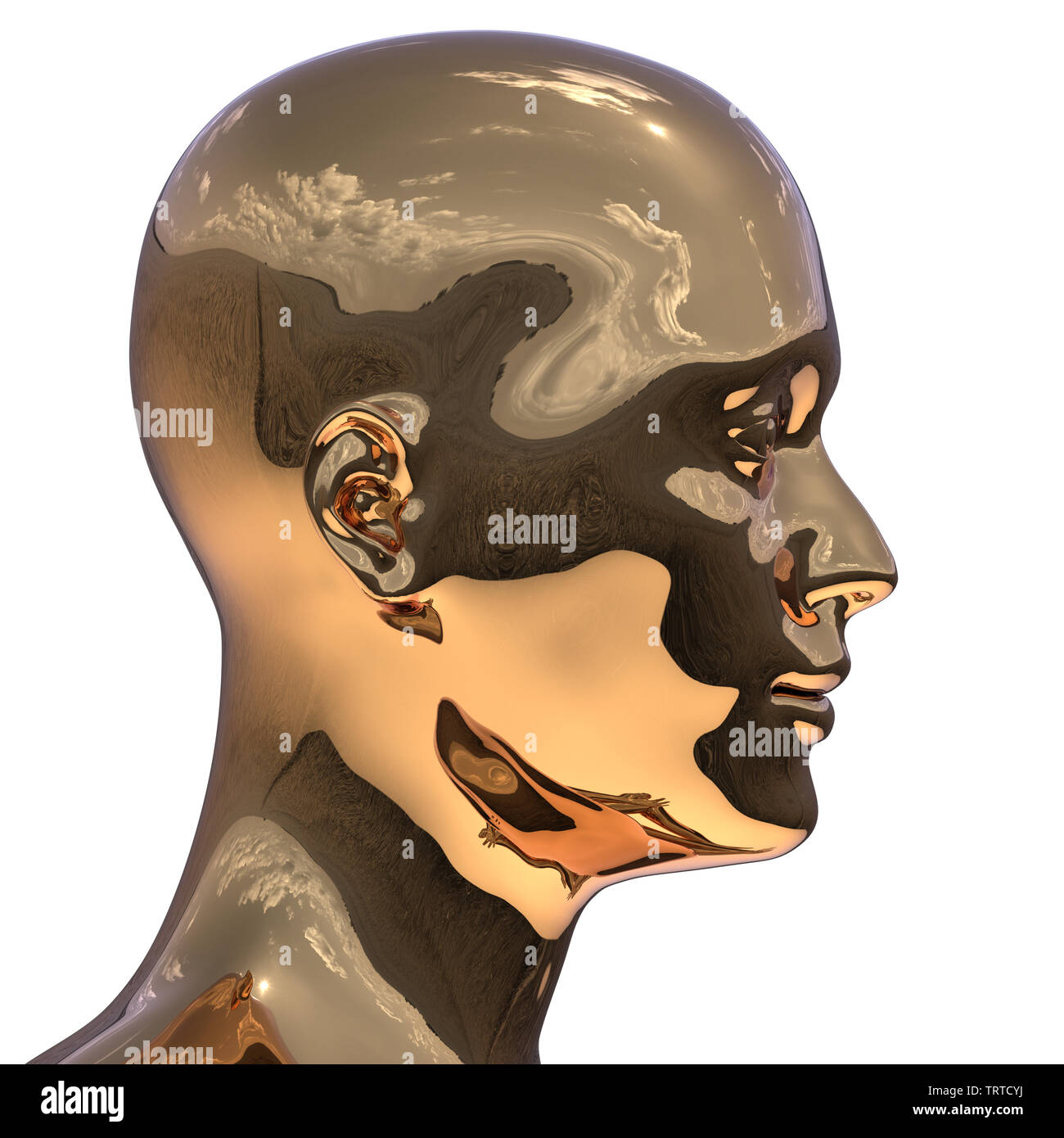 Golden man head silhouette stylized metallic polished. Human profile creativity icon concept. 3d illustration, isolated Stock Photo