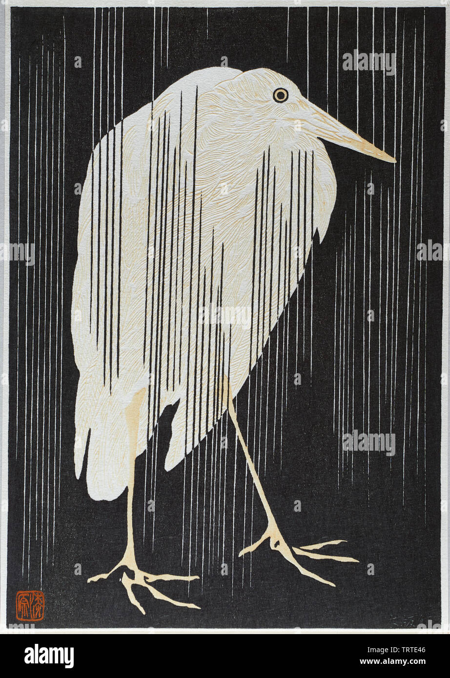 Modern printing of Stork in Rain Japanese ukiyoe woodblock print, by Yoshijiro Urushibara, carved by David Bull, and printed by Mokuhankan staff. Stock Photo