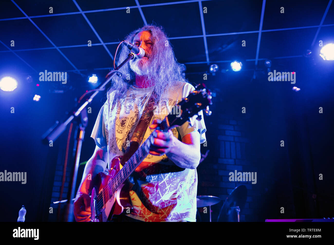 US rock band Meat Puppets in concert at the Brudenell Social Club, Leeds, 10th June 2019. Lead singer and guitarist Curt Kirkwood. Stock Photo