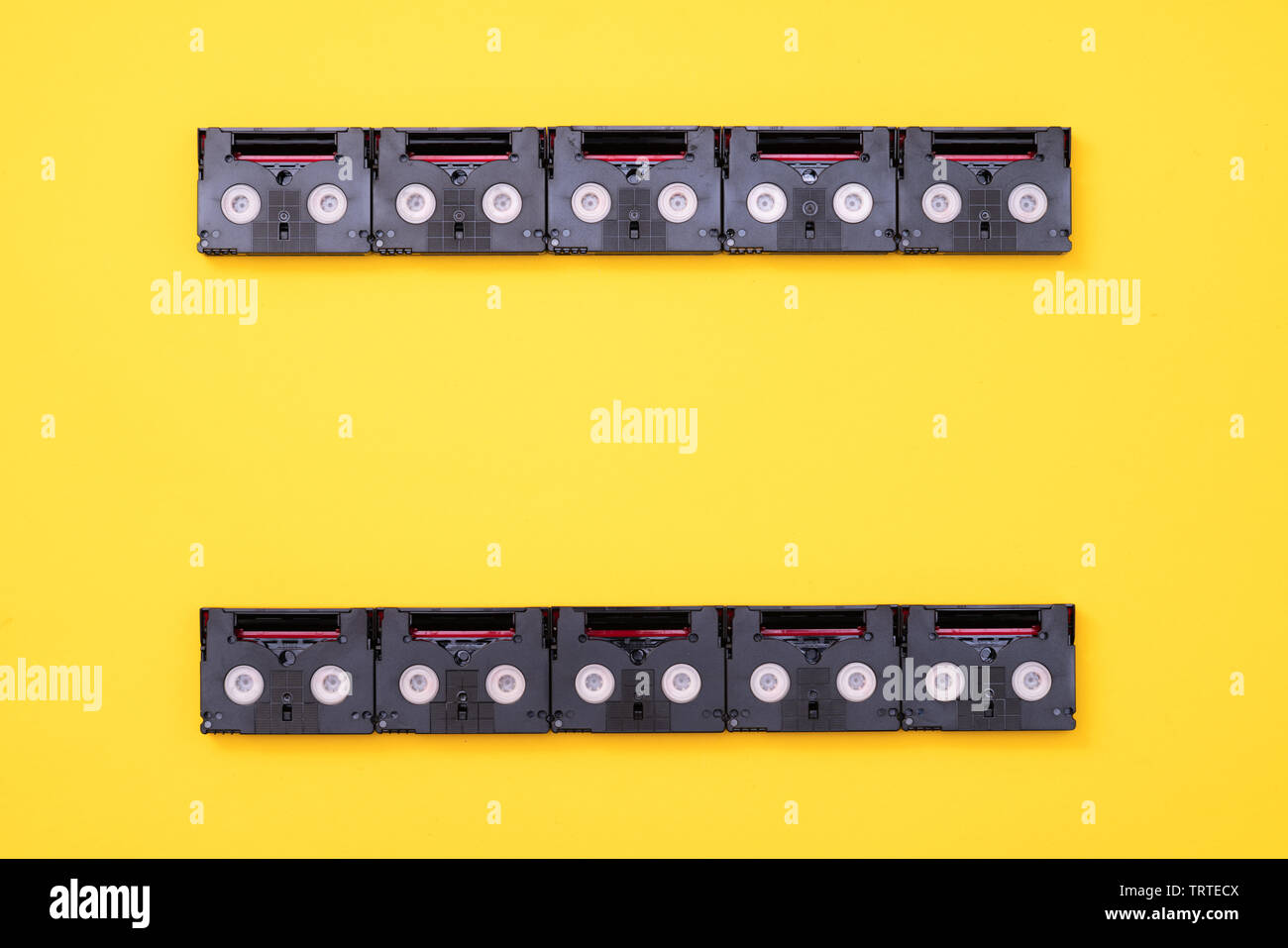 Analog film screen concept made of vintage mini DV cassette tapes used