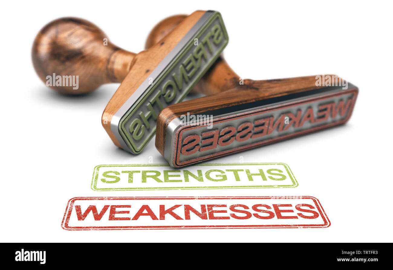 3D illustration of two rubber stamps with the words strengths and weaknesses over white background Stock Photo