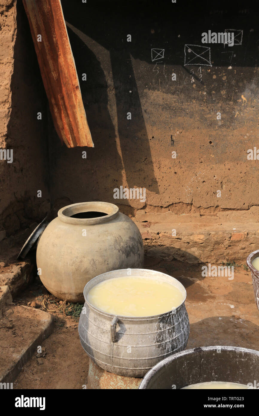 Préparation de la semoule de manioc. Farine de tapioca fabriquée à partir de la racine de manioc. Dtacha. Togo. Afrique de l'Ouest. Stock Photo