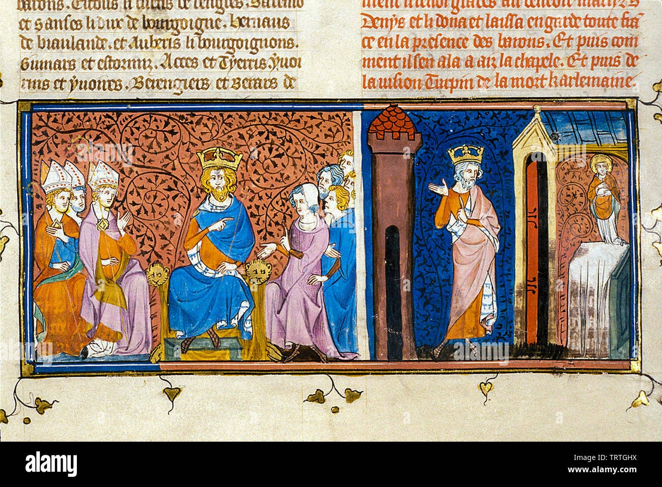 Charlemagne in council, and Charlemagne honouring St Denis, illustration, 1332-1350 Stock Photo