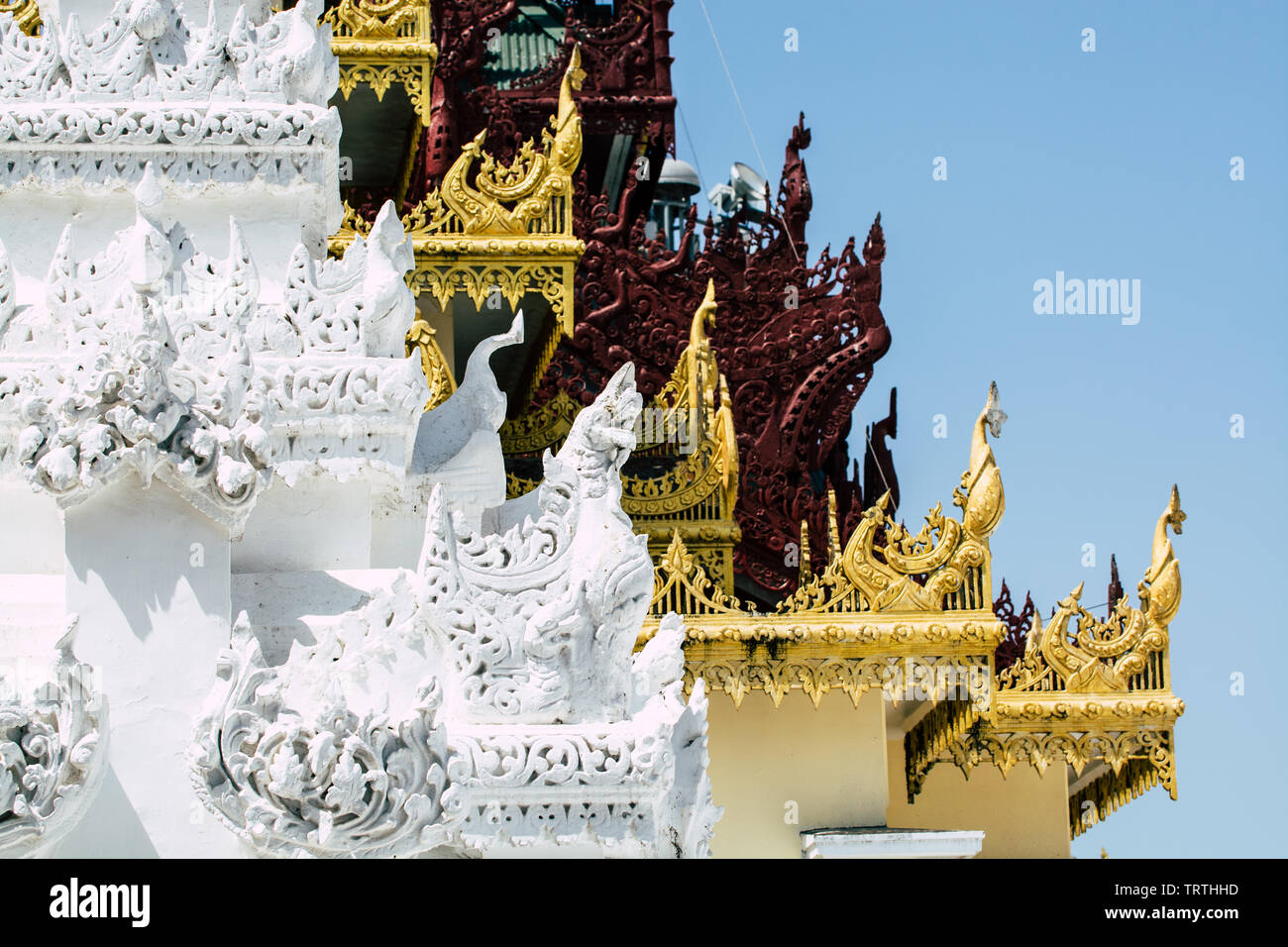 Deatail of temple roof in Shwedagon pagoda complex in Yangon, Myanmar. Stock Photo