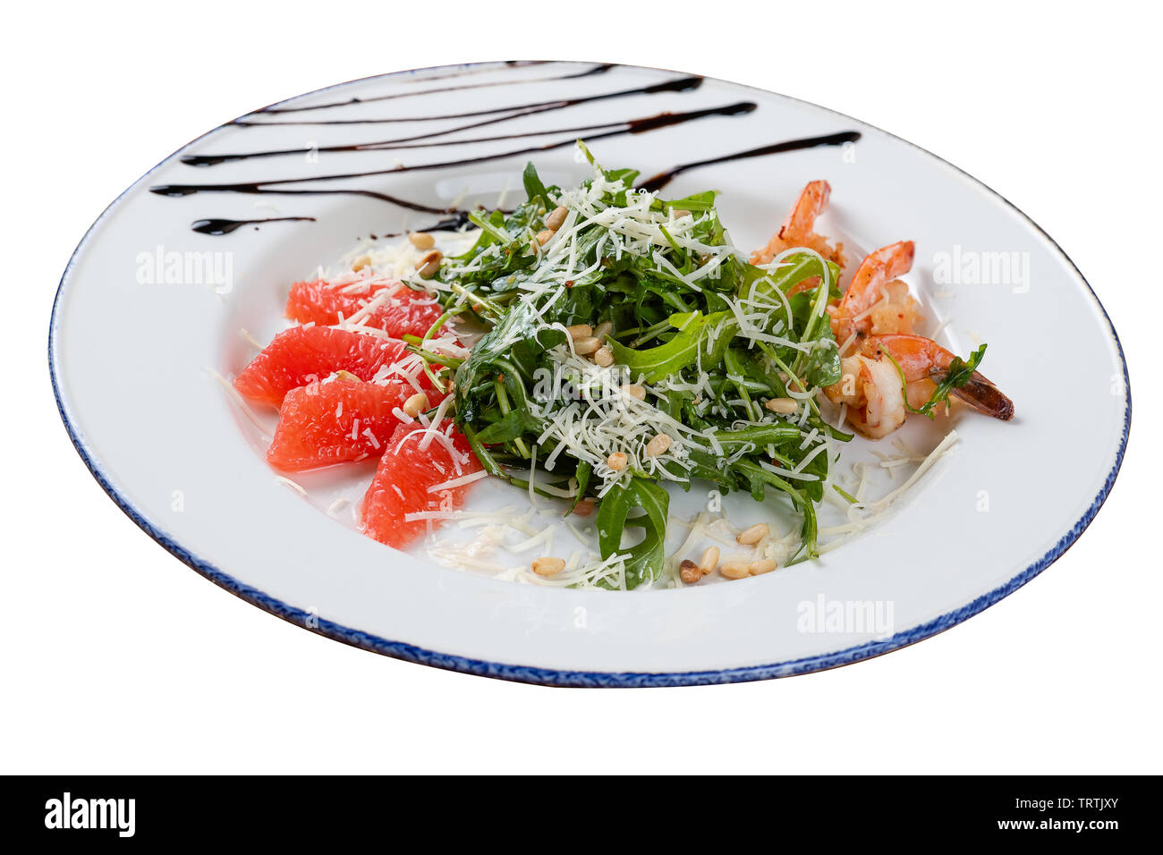 Salad with arugula and shrimp on a white background isolated. The photo was taken at an angle. Stock Photo