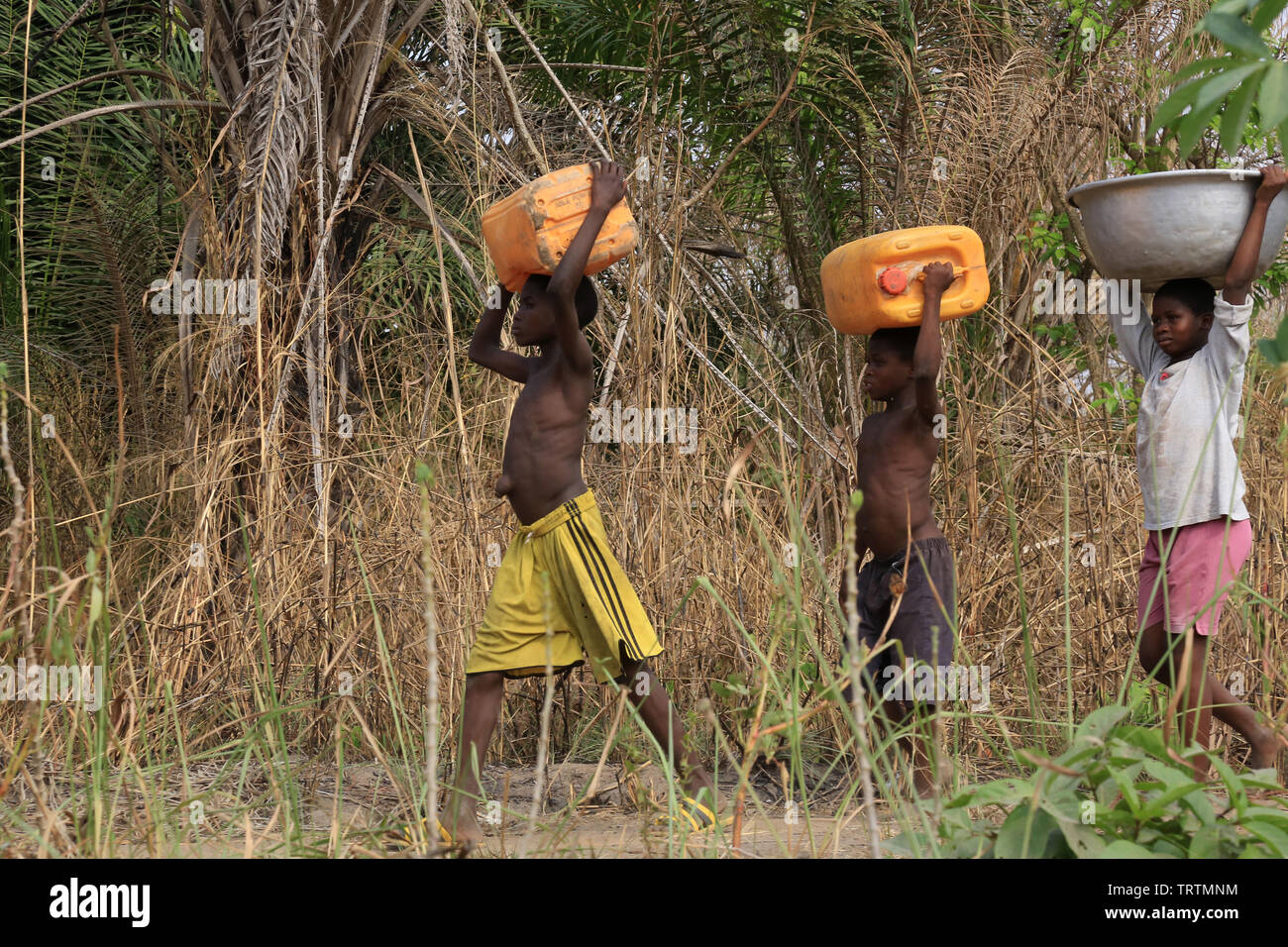 Africans children get water with a bucket. Datcha Attikpayé. Togo. Afrique de l'Ouest. Stock Photo