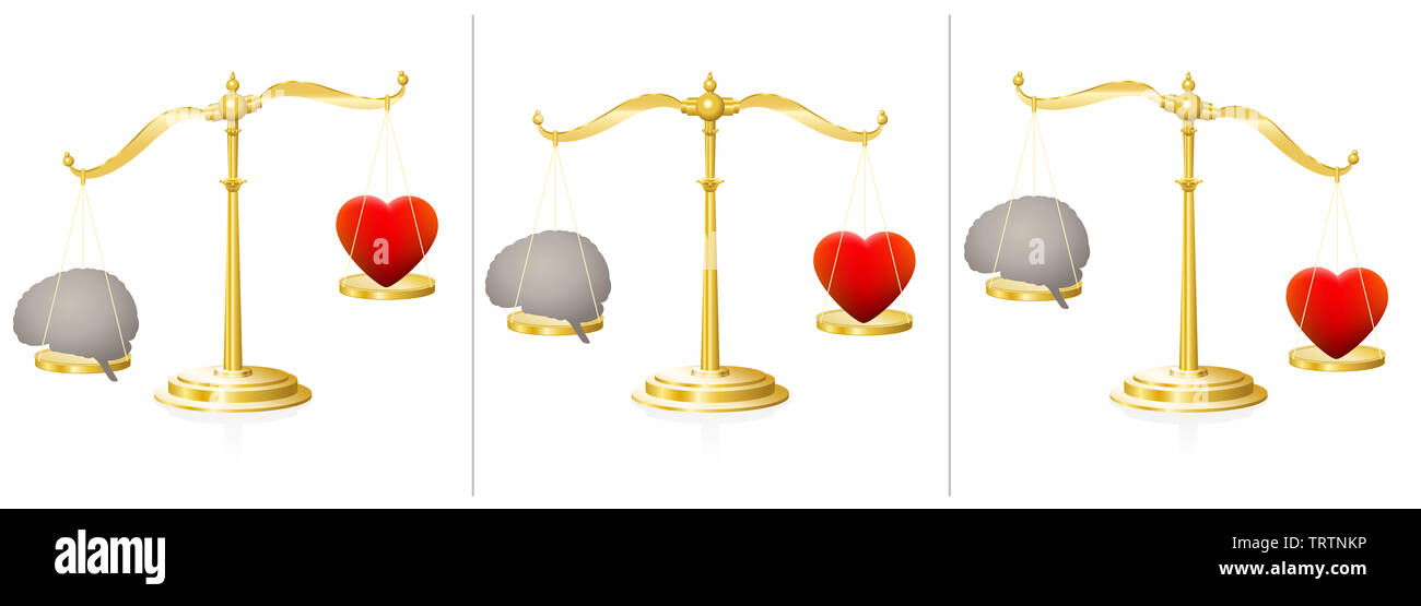 Weighing scales with brain and heart. Symbol for balance of mind and soul, of intellect and emotion, of thinking and feeling. Equal, unequal weight. Stock Photo