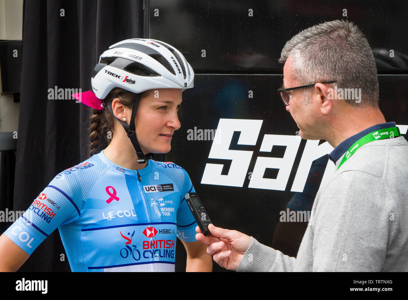 Henley-on-Thames, UK, 12 June 2019.  Lizzie Deignan (née Armitstead) of the of the Trek-Segafredo team wearing the Best British Rider Jersey seen interviewed before the start of the 3rd stage of the OVO Energy Women's tour from Henley-on-Thames to Blenheim Palace. Credit: Harry Harrison/Alamy Live News Stock Photo