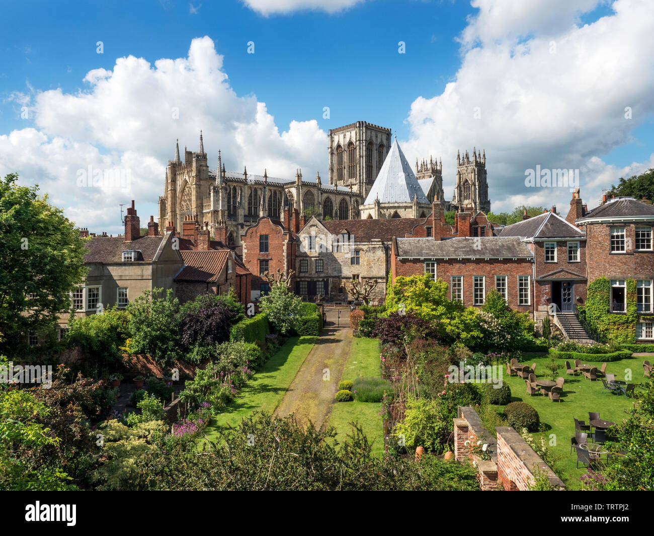 View of the north side of York Minster from the city walls near Monk Bar City of York Yorkshire England Stock Photo