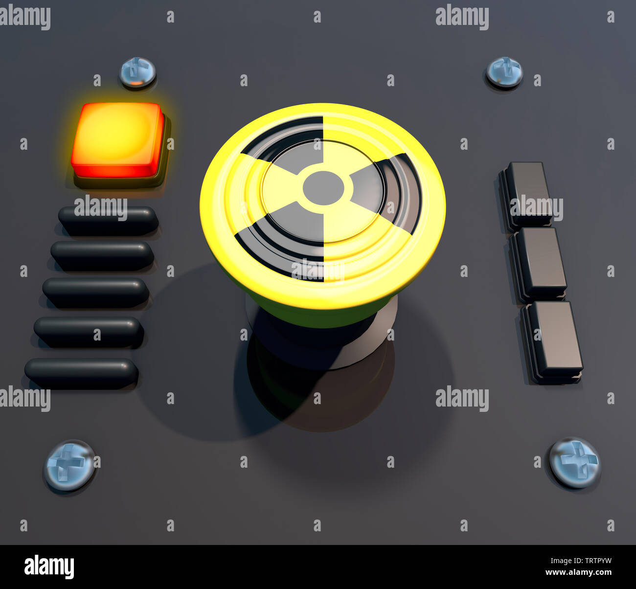 Button, general alarm, evacuation. Process interruption. Nuclear, atomic alarm. 3D rendering. Nuclear war Stock Photo