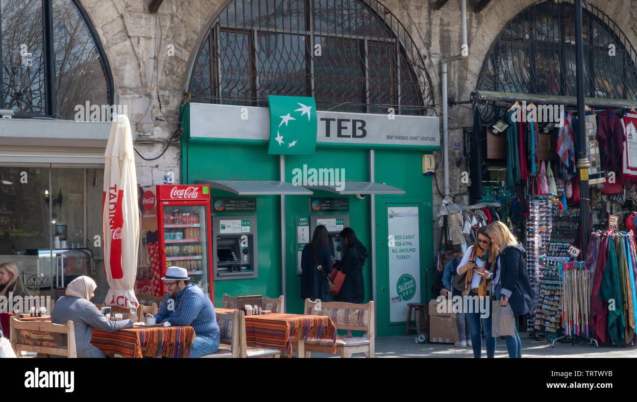 Istanbul, Turkey - 19 March, 2019: Turkish Economy Bank (TEB) ATM machine in Istanbul. BNP Paribas has strengthened its local presence wiwith TEB Stock Photo