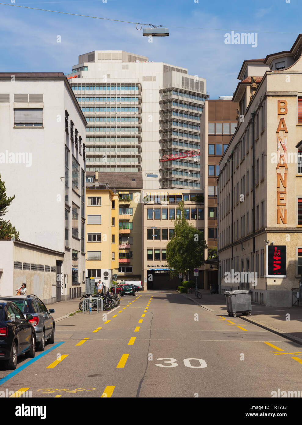 Zurich, Switzerland - May 27, 2019: view along Ausstellungsstrasse street in the city of Zurich, building of the headquarters of the Migros company Stock Photo