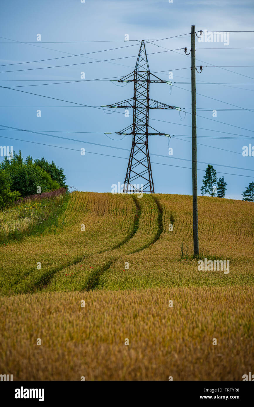 electricity power line poles construction in middle of fields in countryside.  energy Stock Photo - Alamy