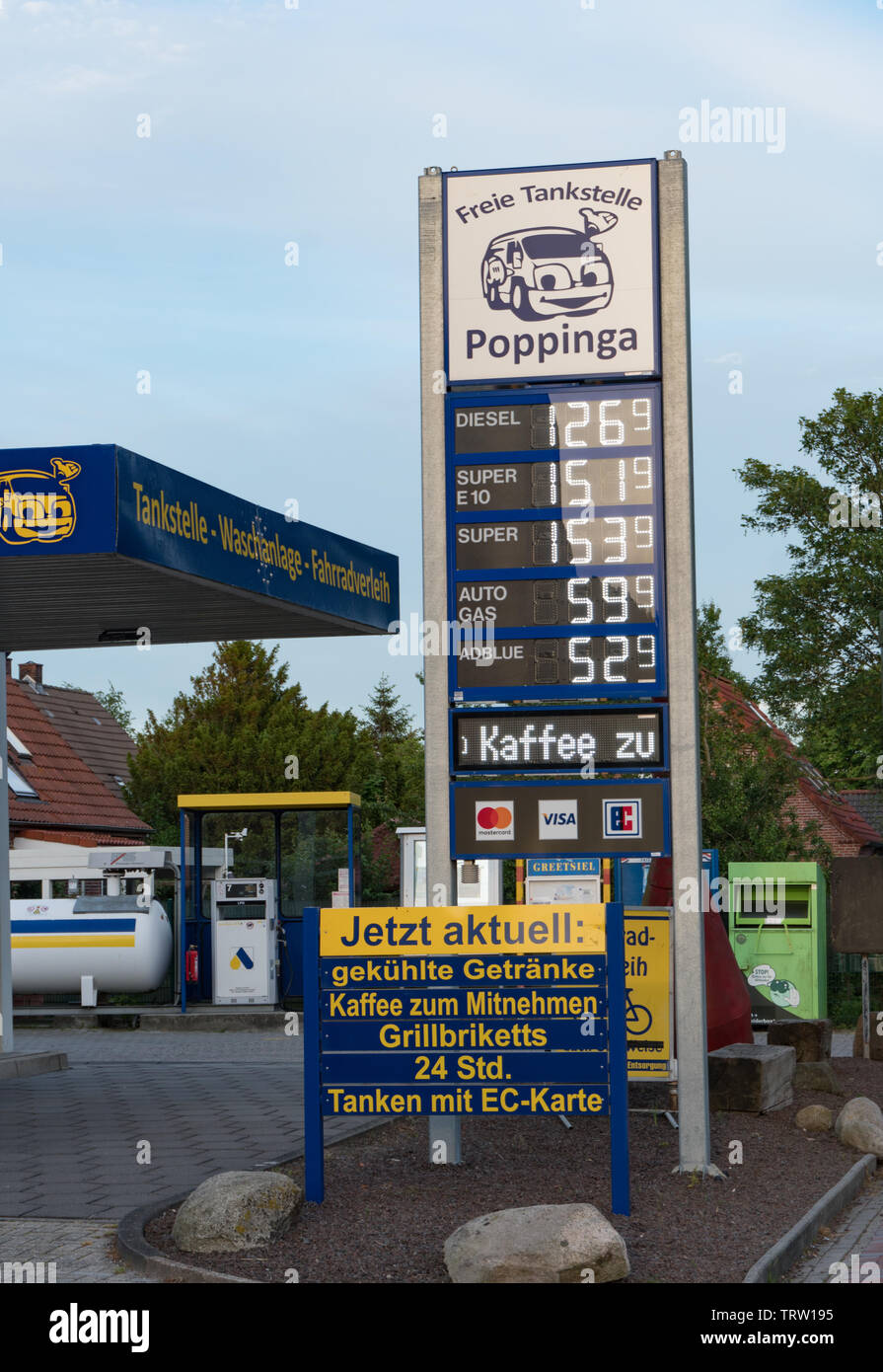 Prices on garage forecourt. East Frisis, Germany, May 2019 Stock Photo