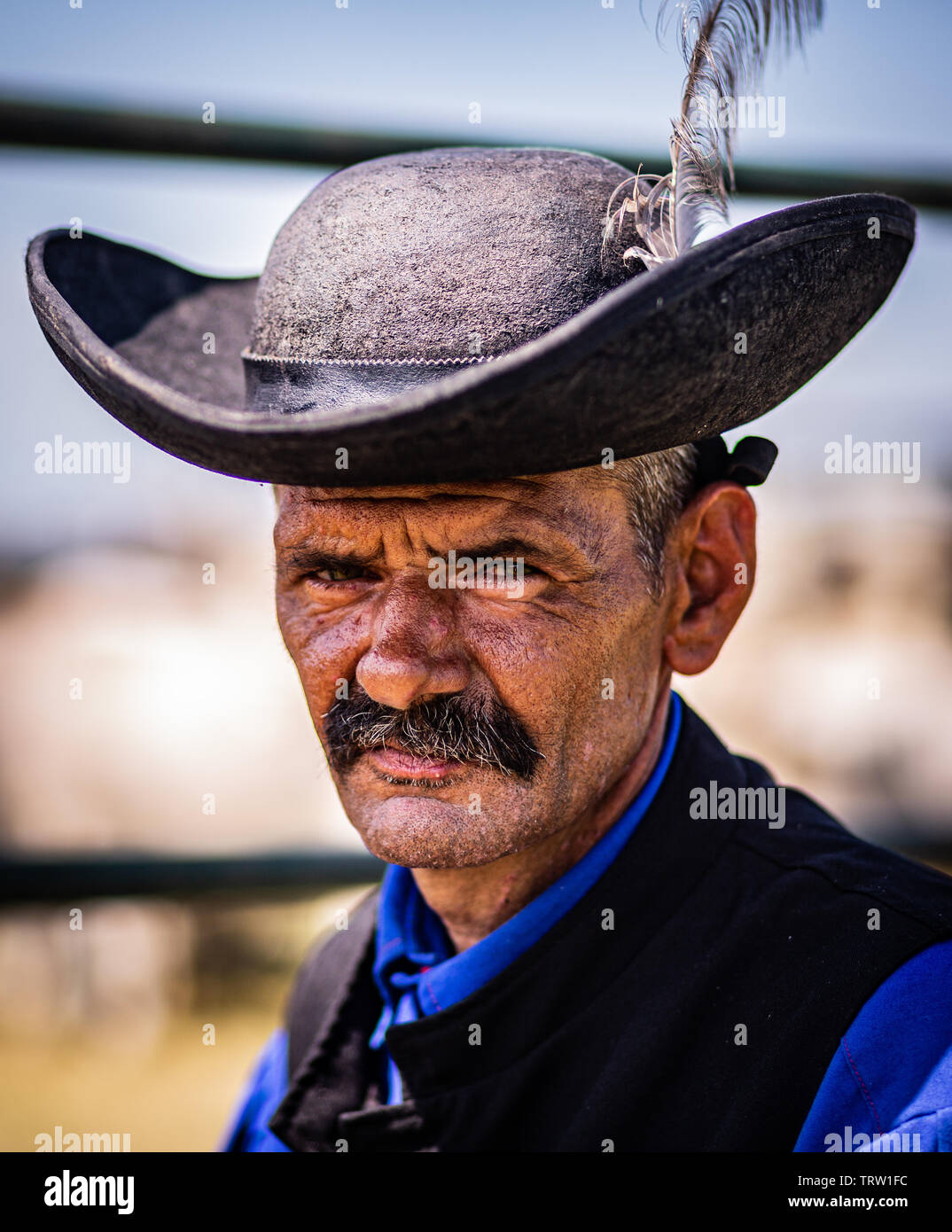 Portrait of a traditional cattle shepherd from the Hortobagy region of Hungary Stock Photo