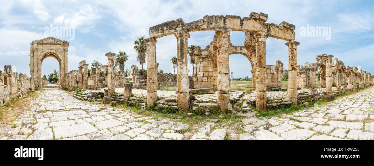 The Roman road, aqueducts and Triumphal Arch of Hadrian, Al Bass archaeological site, Tyre, Lebanon Stock Photo