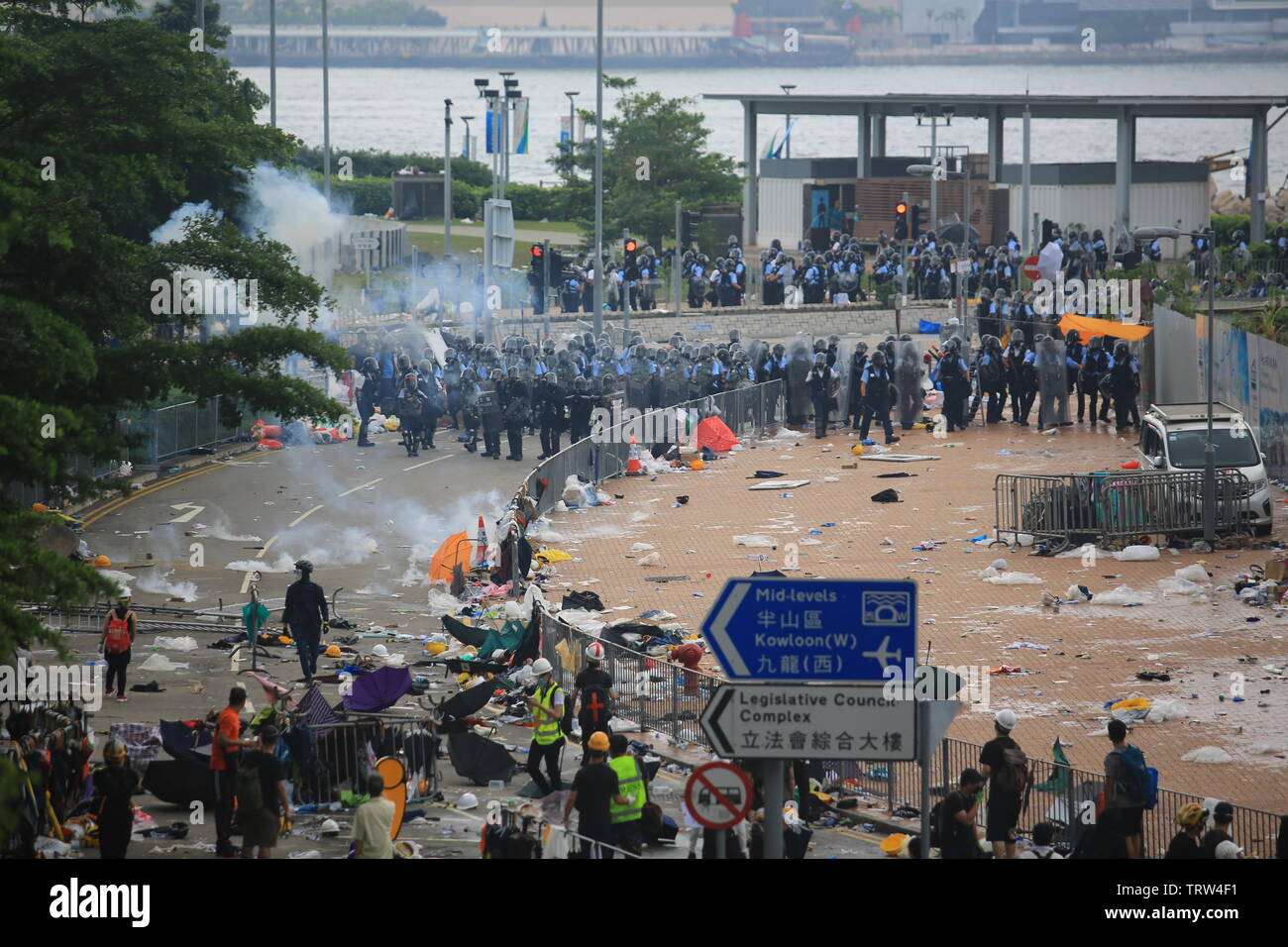 the conflict between riot police and hong kong people  on 12 june protest in hong kong against the extradition law Stock Photo