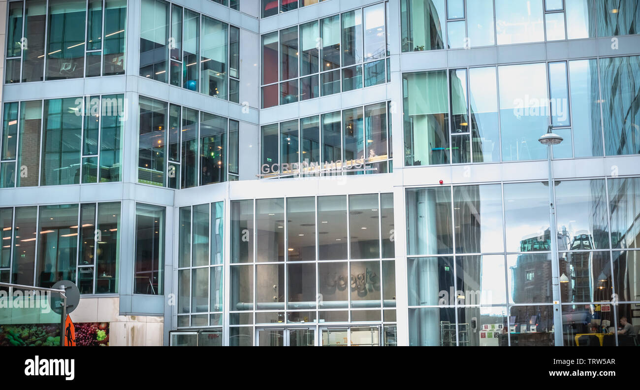 Dublin, Ireland - February 12, 2019 - Architectural detail of the Gordon House building that houses the international company Google in the city cente Stock Photo