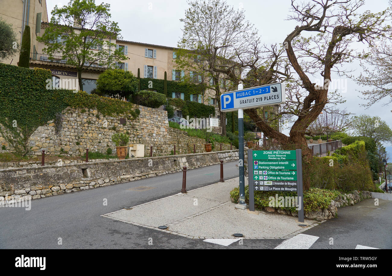 Mougins, France - April 03, 2019: Mougins is a commune in southeastern France that is a great place of tourist attractions and it has many art galleri Stock Photo