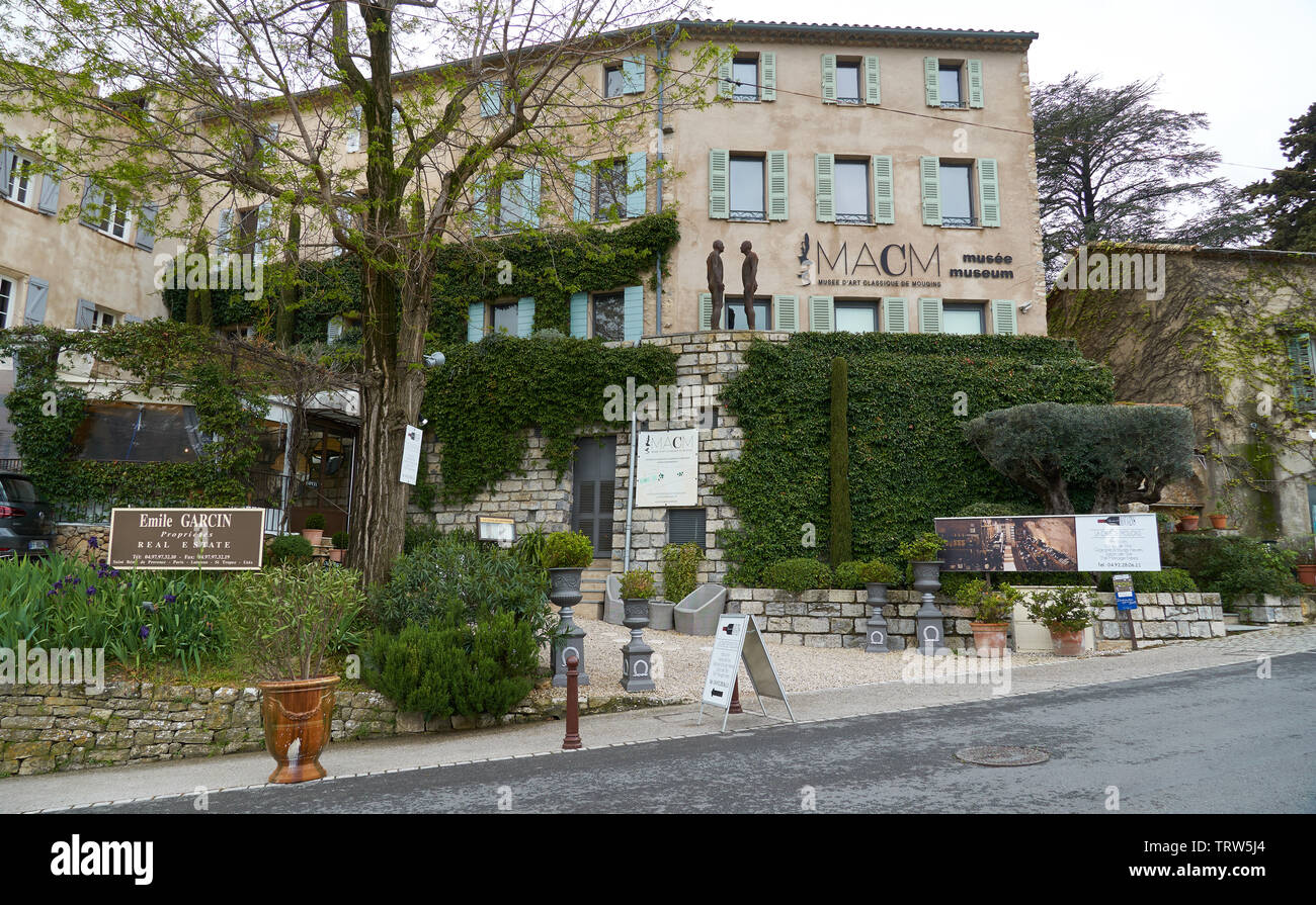 Mougins, France - April 03, 2019: Mougins is a commune in southeastern France that is a great place of tourist attractions and it has many art galleri Stock Photo