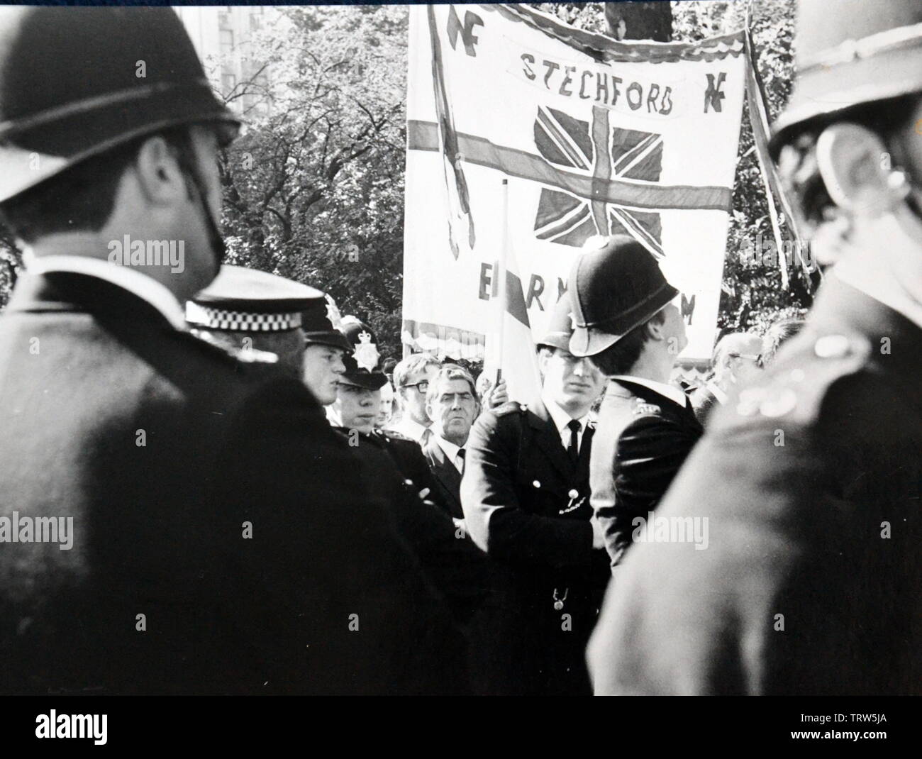 National Front March, London, England, surrounded by police officers, September, 1978 Stock Photo