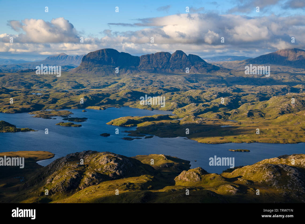View from Stac Pollaidh looking towards Loch Sionascaig and Suilven, Assynt, Wester Ross and Sutherland, Highlands, Scotland Stock Photo