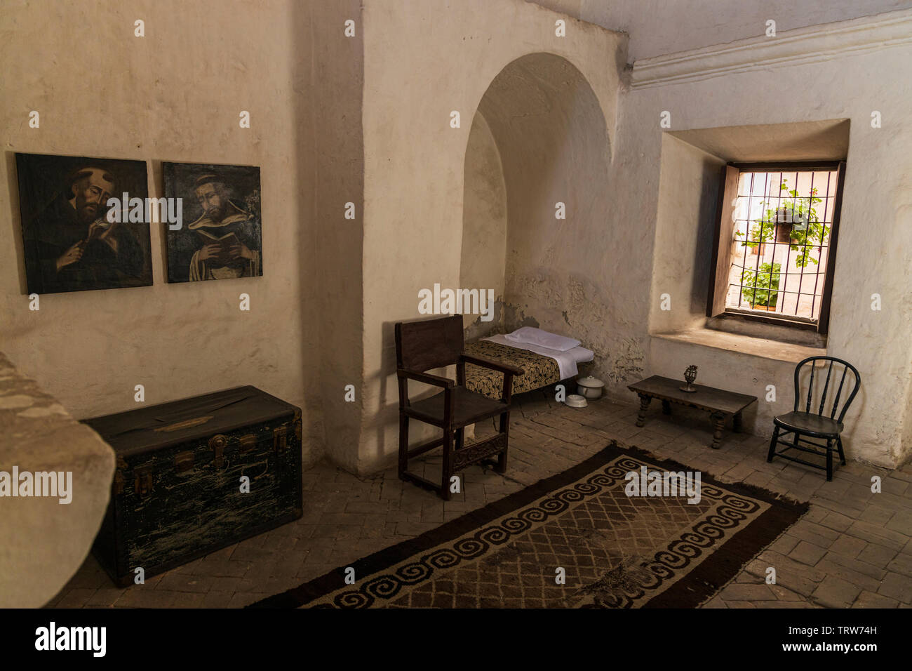 Bed and living space in the Monasterio de Santa Catalina, monastery, religious building in Arequipa, Peru, South America Stock Photo