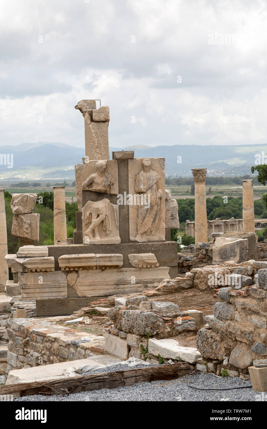 A popular tourist spot and world heritage site, Ephesus, Ancient Greek city ruins, in Turkey.  Is also one of the seven wonders of the ancient world. Stock Photo